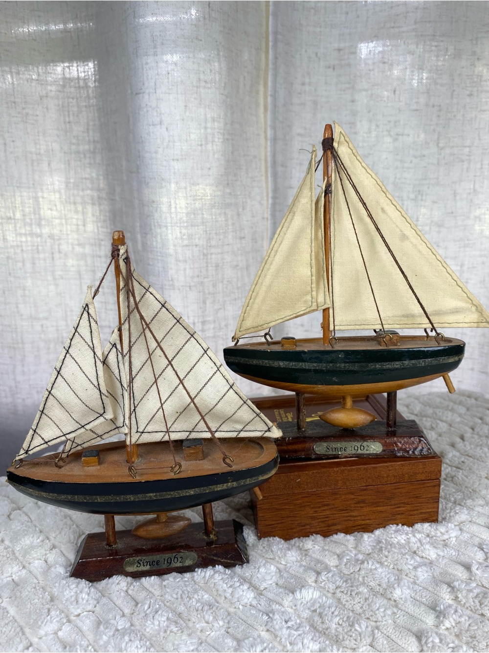 Vintage Pair Wooden Model Sailboats Nautical Maritime Display Ships